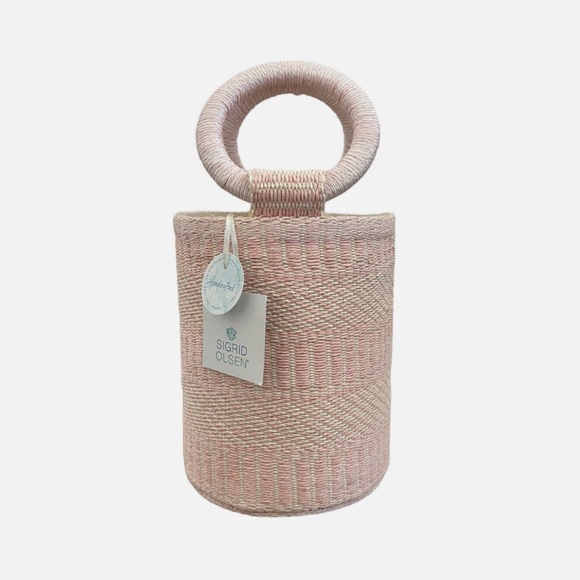 SIGRID OLSEN Woven Pink & Cream Bucket Handbag Purse Tote Beach Fashion NWT - Picture 1 of 14